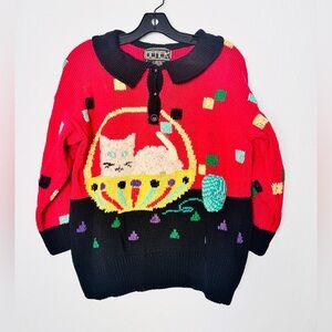 Vtg Berek Hand Knitted Sweater Medium Uruguay Cotton Cat 3D Tail 1987 EUC